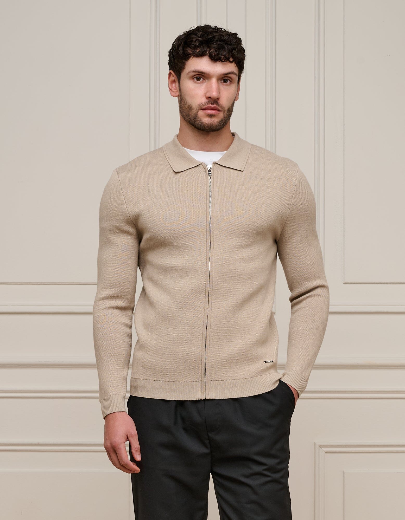 Beige Knit Zip Through Cardigan
