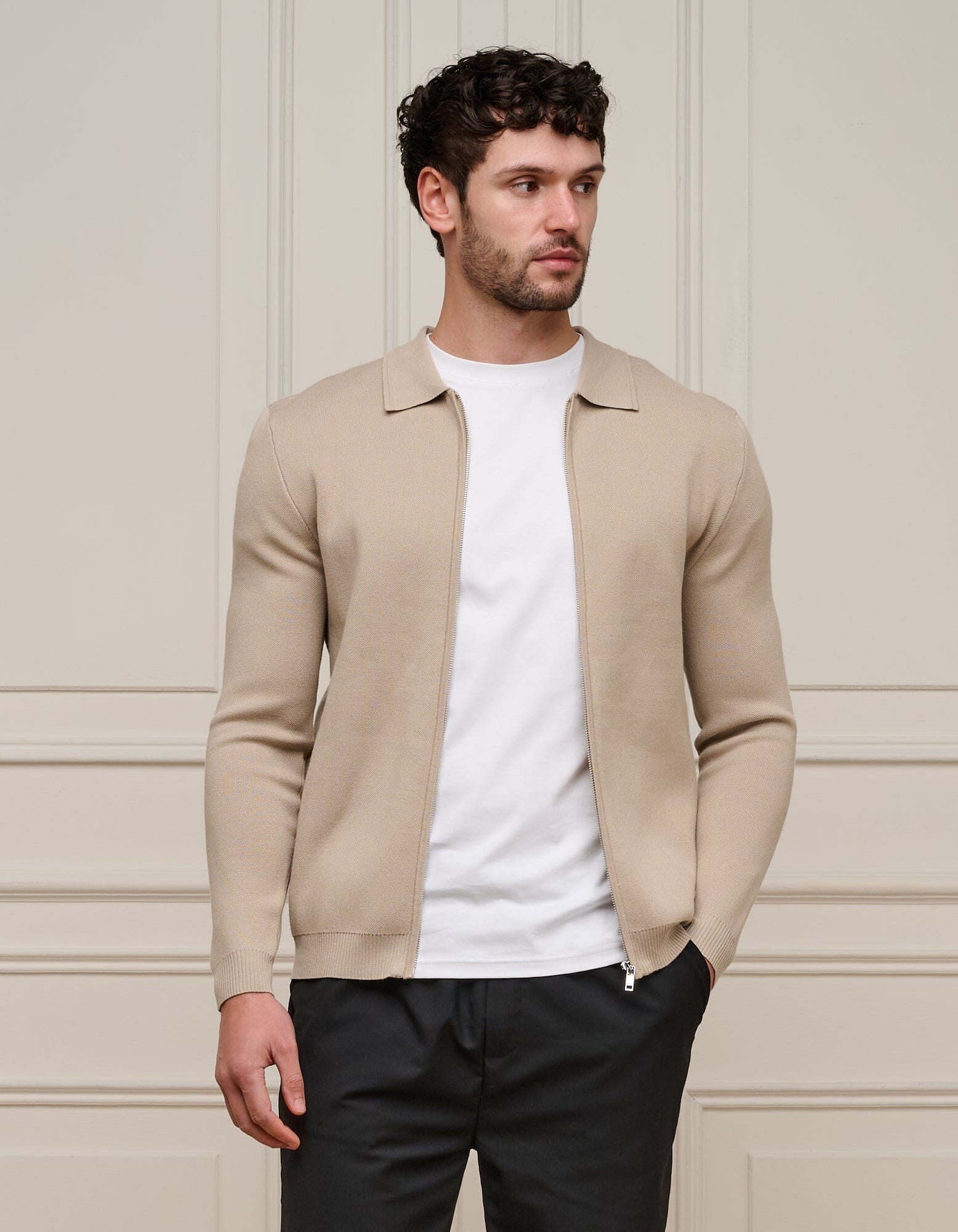 Beige Knit Zip Through Cardigan - Image 4