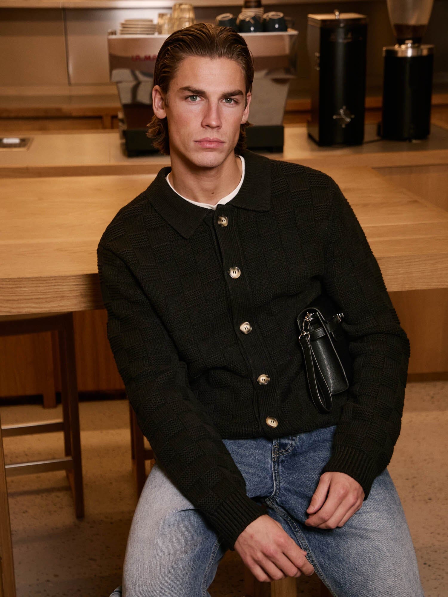 Black Basket Weave Knit Overshirt - Image 2