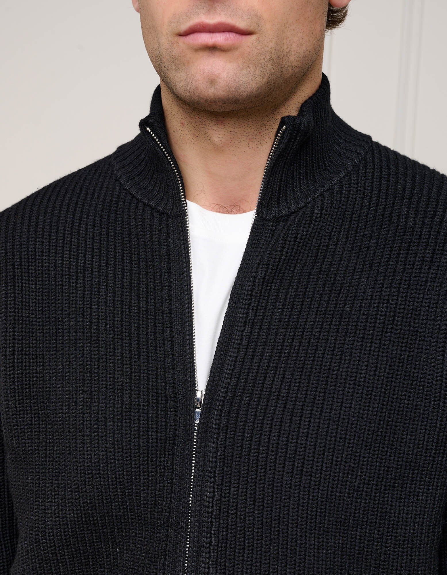 Black Chunky Rib Knit Zip Up Cardigan - Image 5