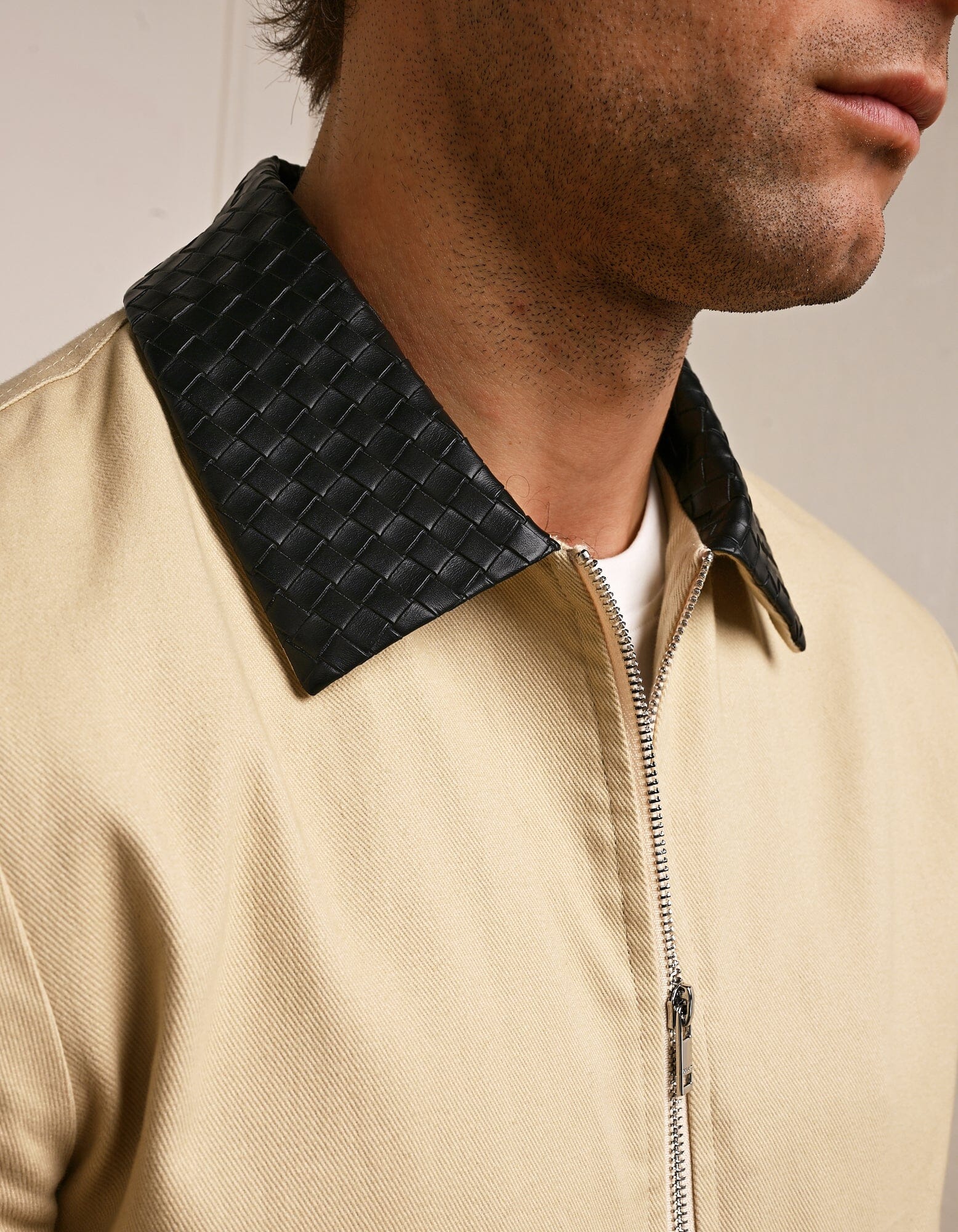 Beige Cotton Jacket with Leather Collar - Image 2