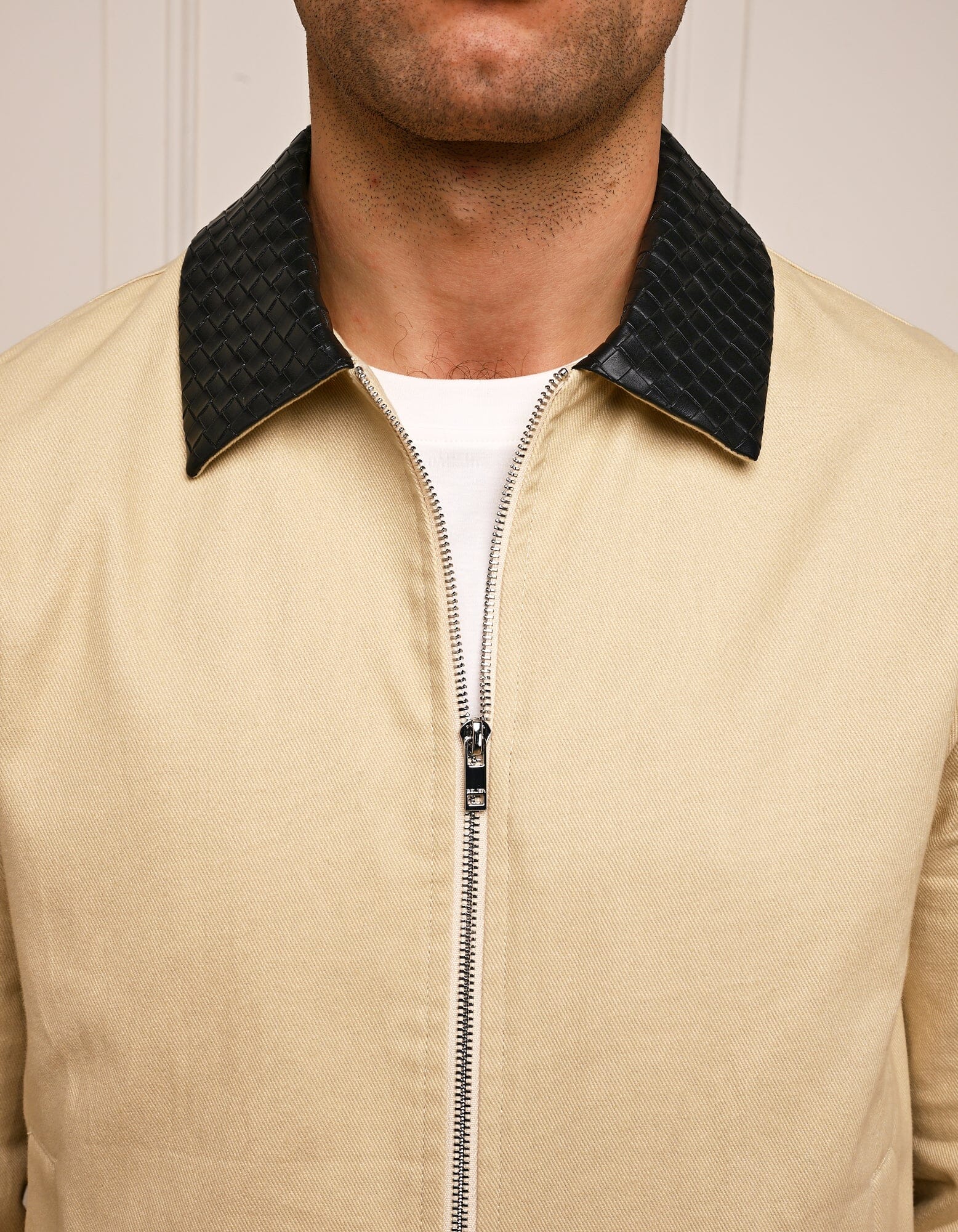 Beige Cotton Jacket with Leather Collar - Image 4