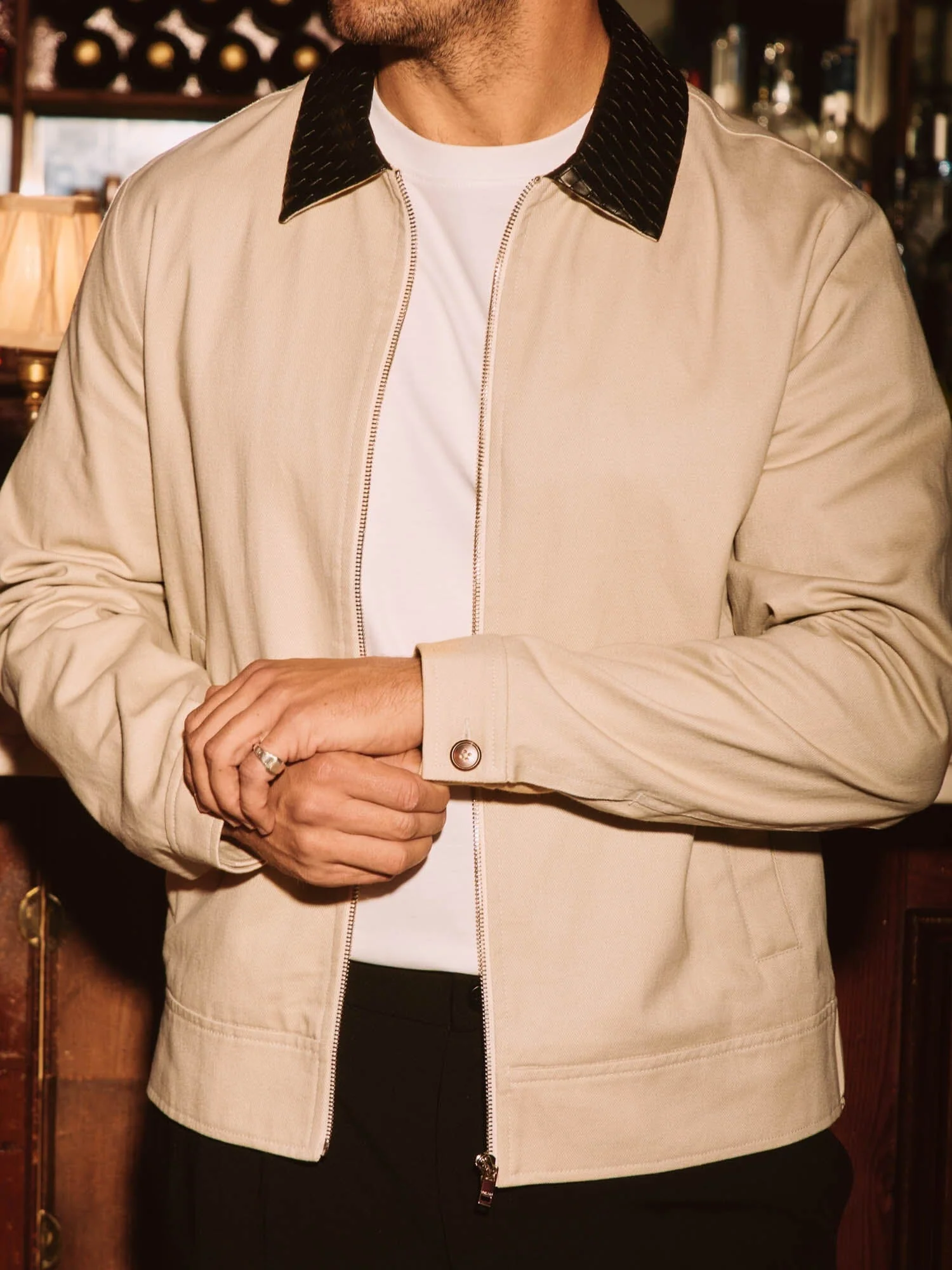 Beige Cotton Jacket with Leather Collar - Image 5