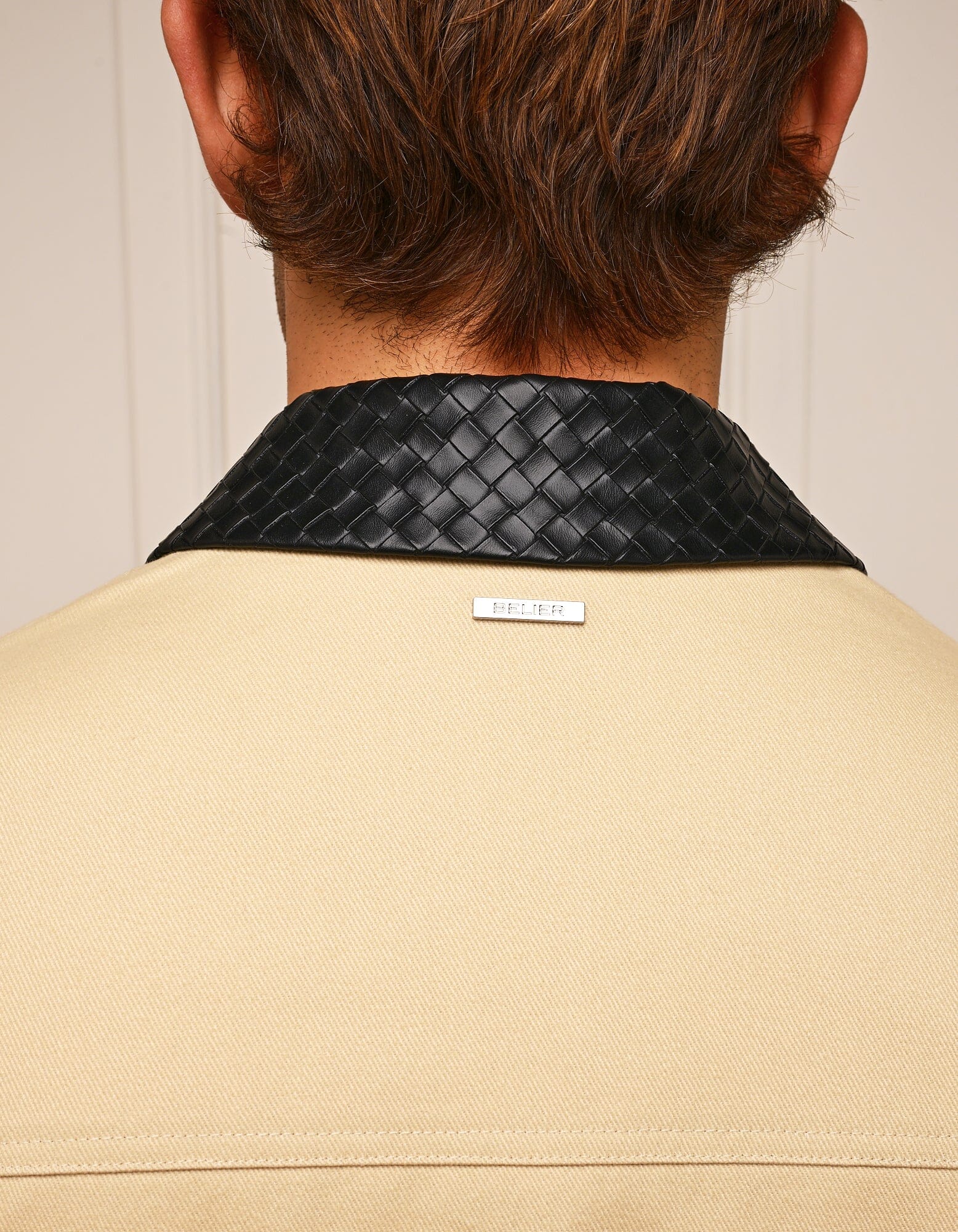 Beige Cotton Jacket with Leather Collar - Image 6