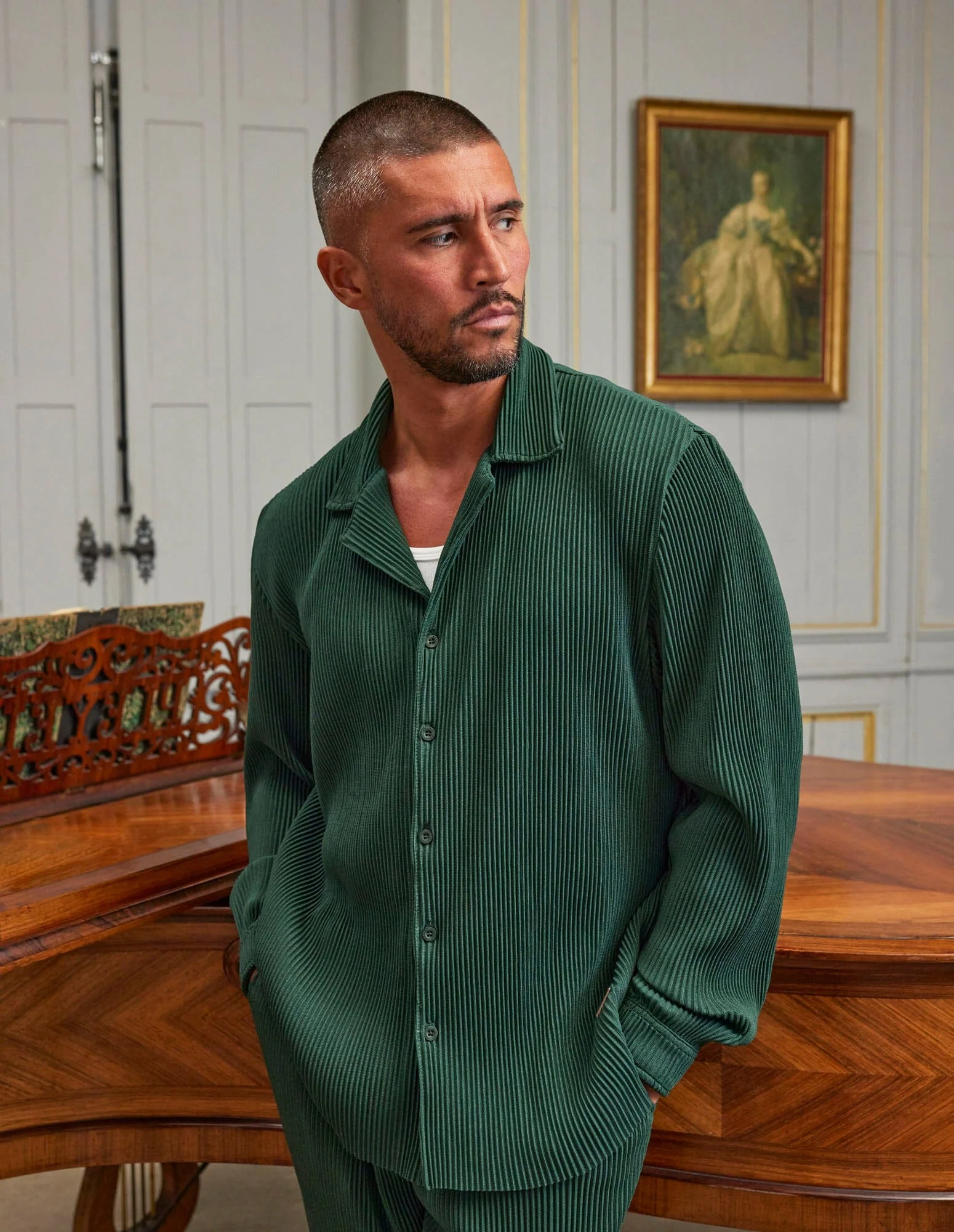 Dark Green Pleated L/S Shirt