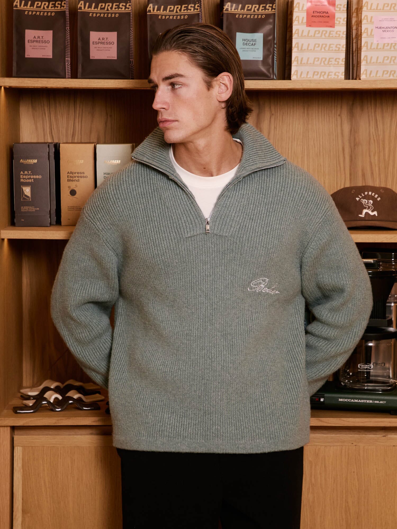 Dusty Sage Knitted Half Zip Jumper