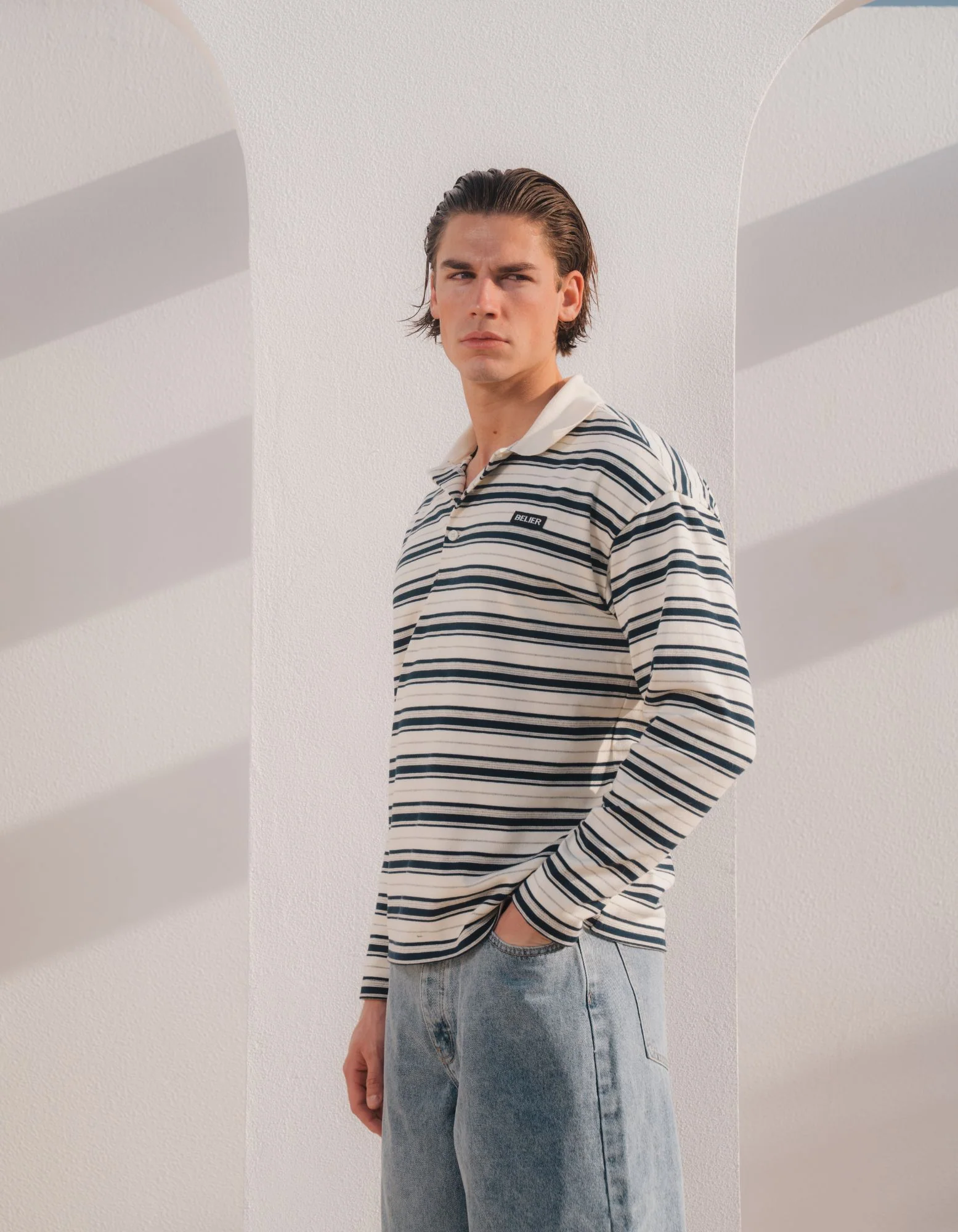 Ecru/Navy Stripe Long Sleeve Polo - Image 2