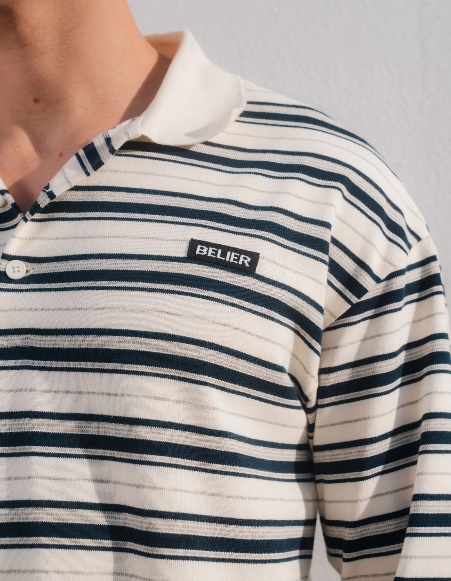 Ecru/Navy Stripe Long Sleeve Polo - Image 3