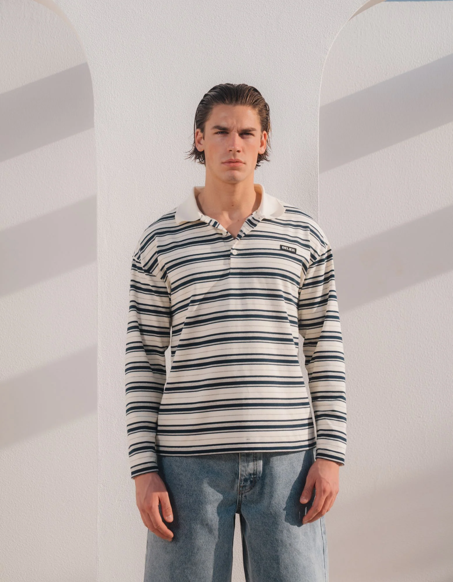 Ecru/Navy Stripe Long Sleeve Polo - Image 4