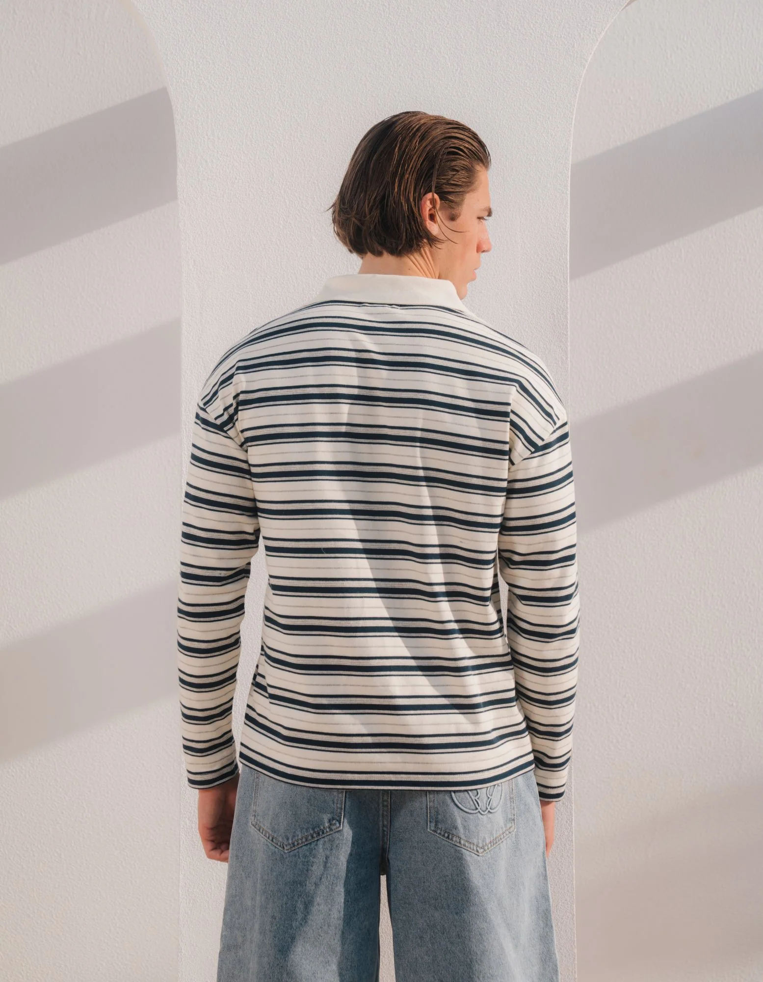 Ecru/Navy Stripe Long Sleeve Polo - Image 5