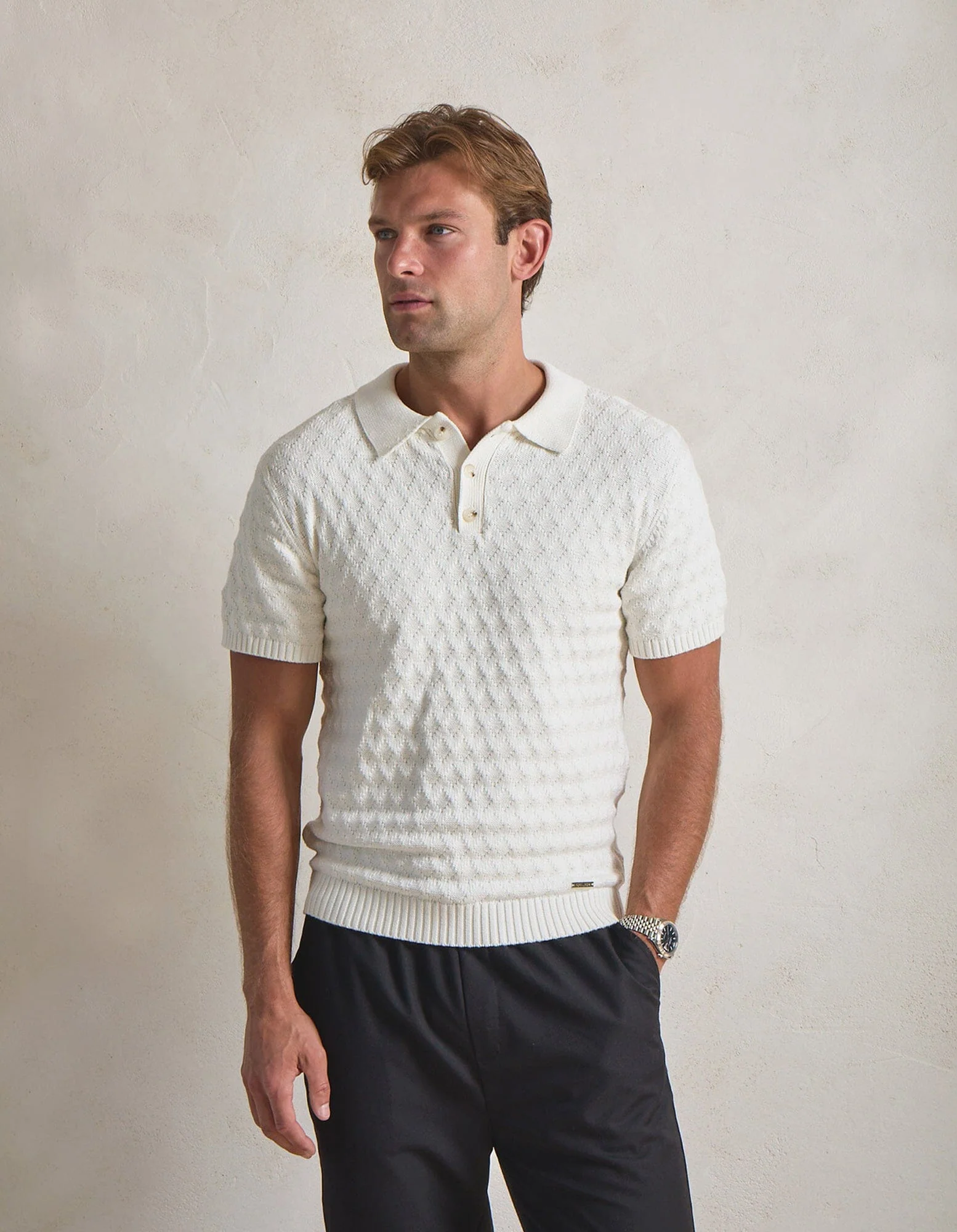 Ecru S/S Diamond Stitch Polo - Image 2