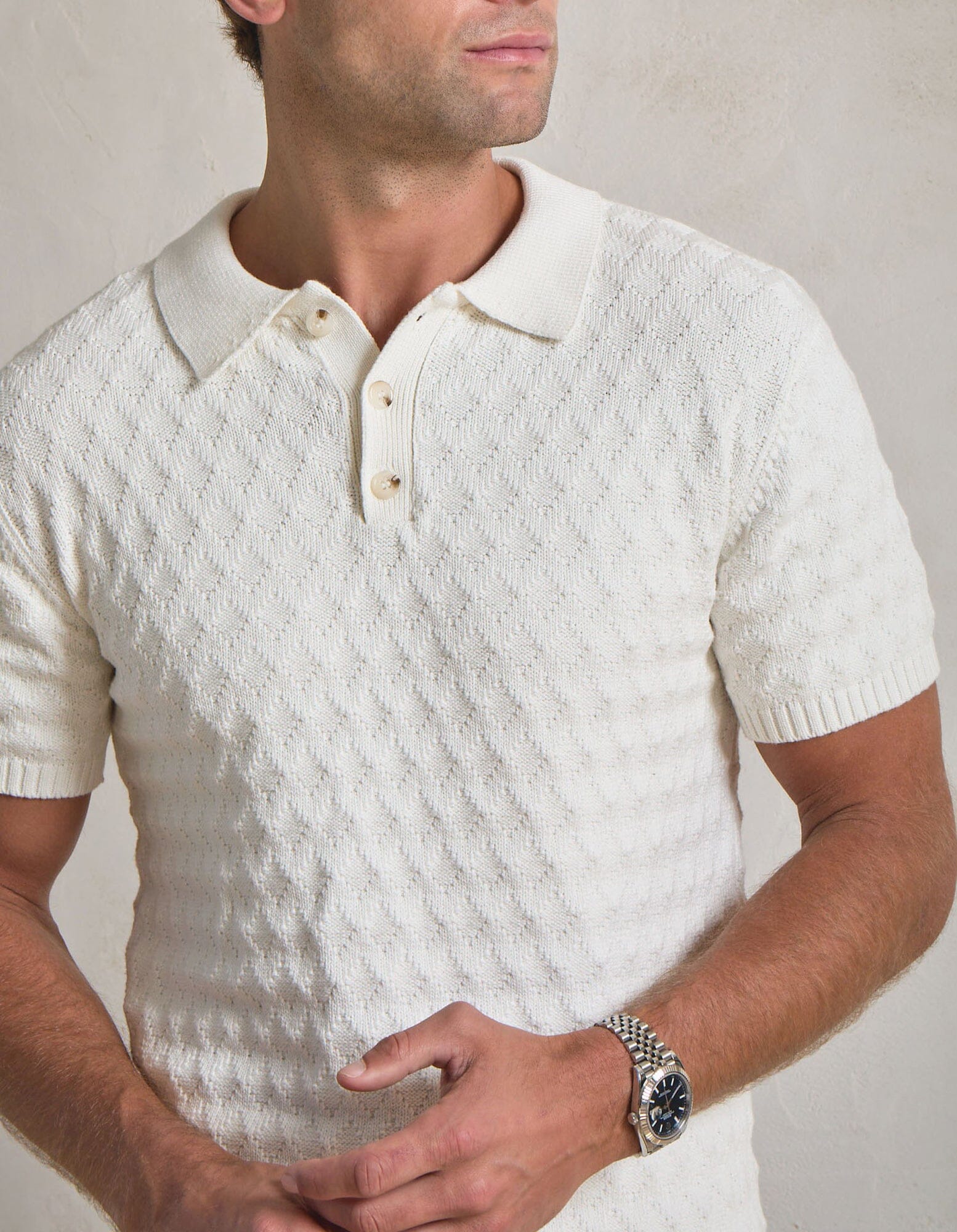 Ecru S/S Diamond Stitch Polo - Image 3