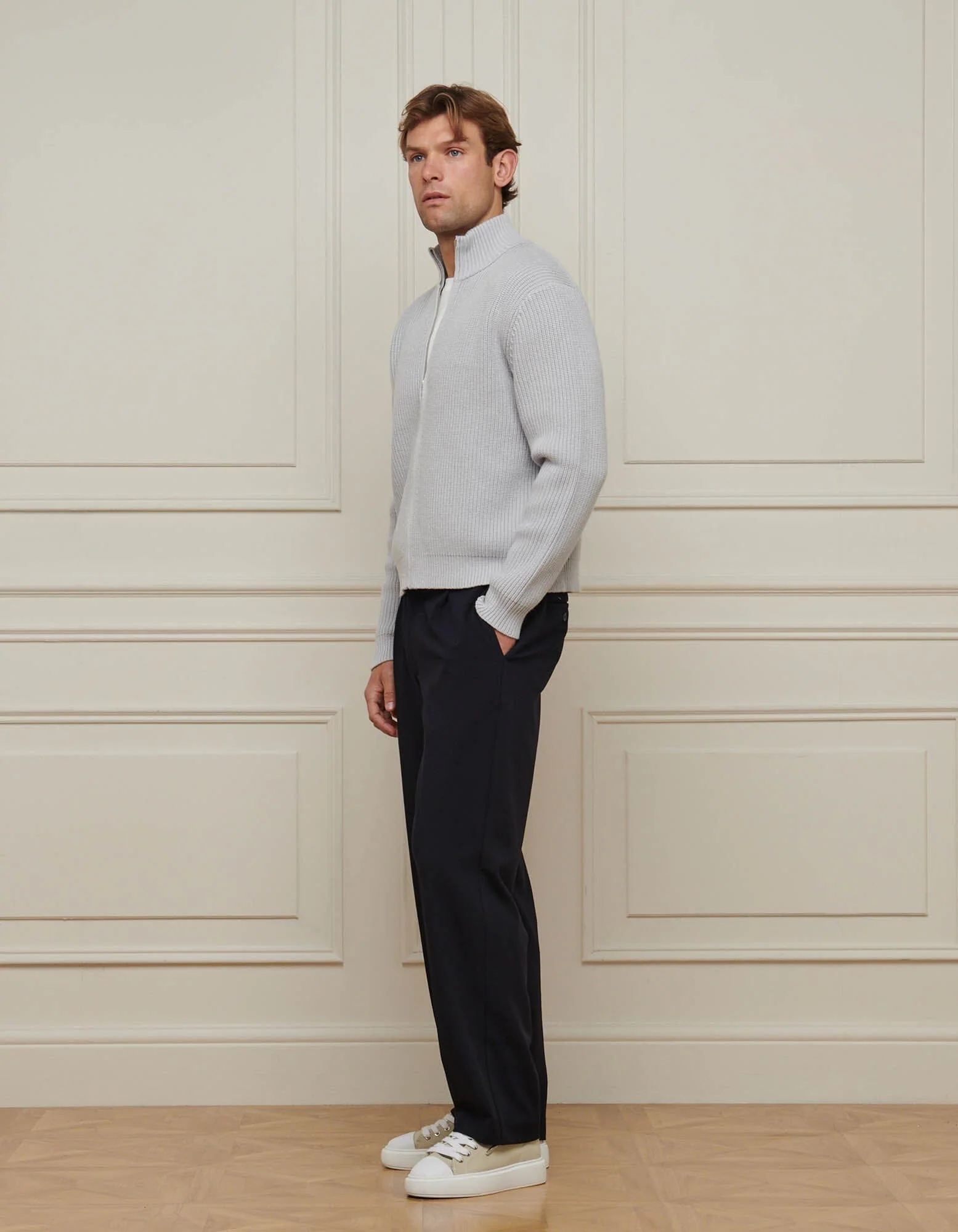 Grey Chunky Rib Knit Zip Up Cardigan - Image 5