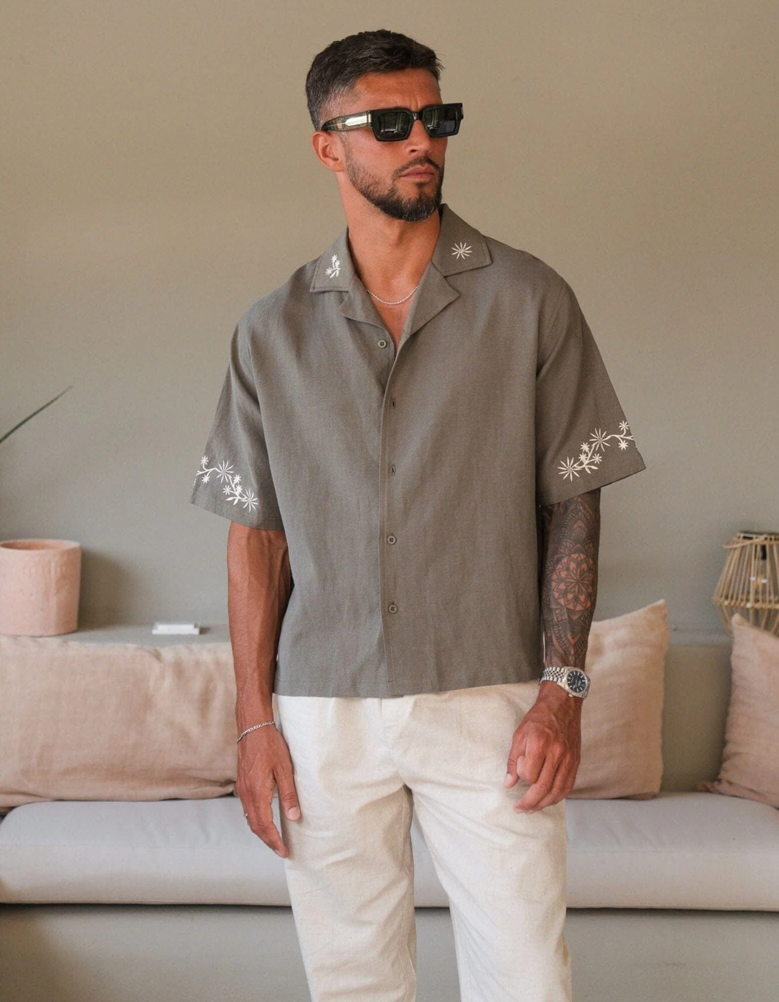 Khaki Embroidered Border Linen Shirt