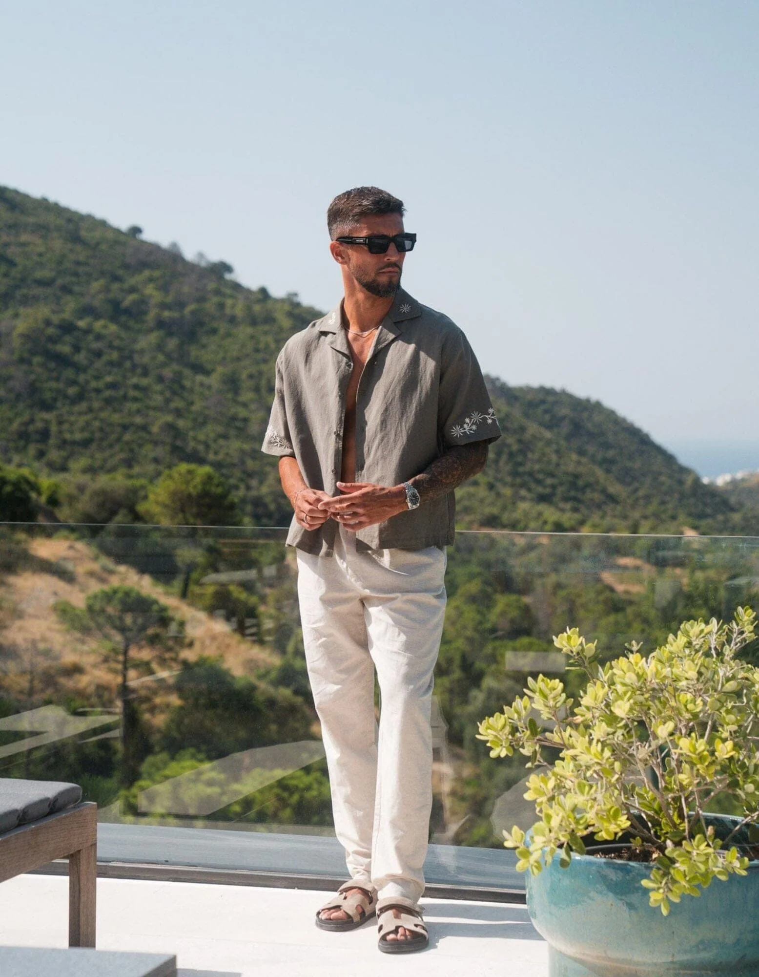 Khaki Embroidered Border Linen Shirt - Image 2