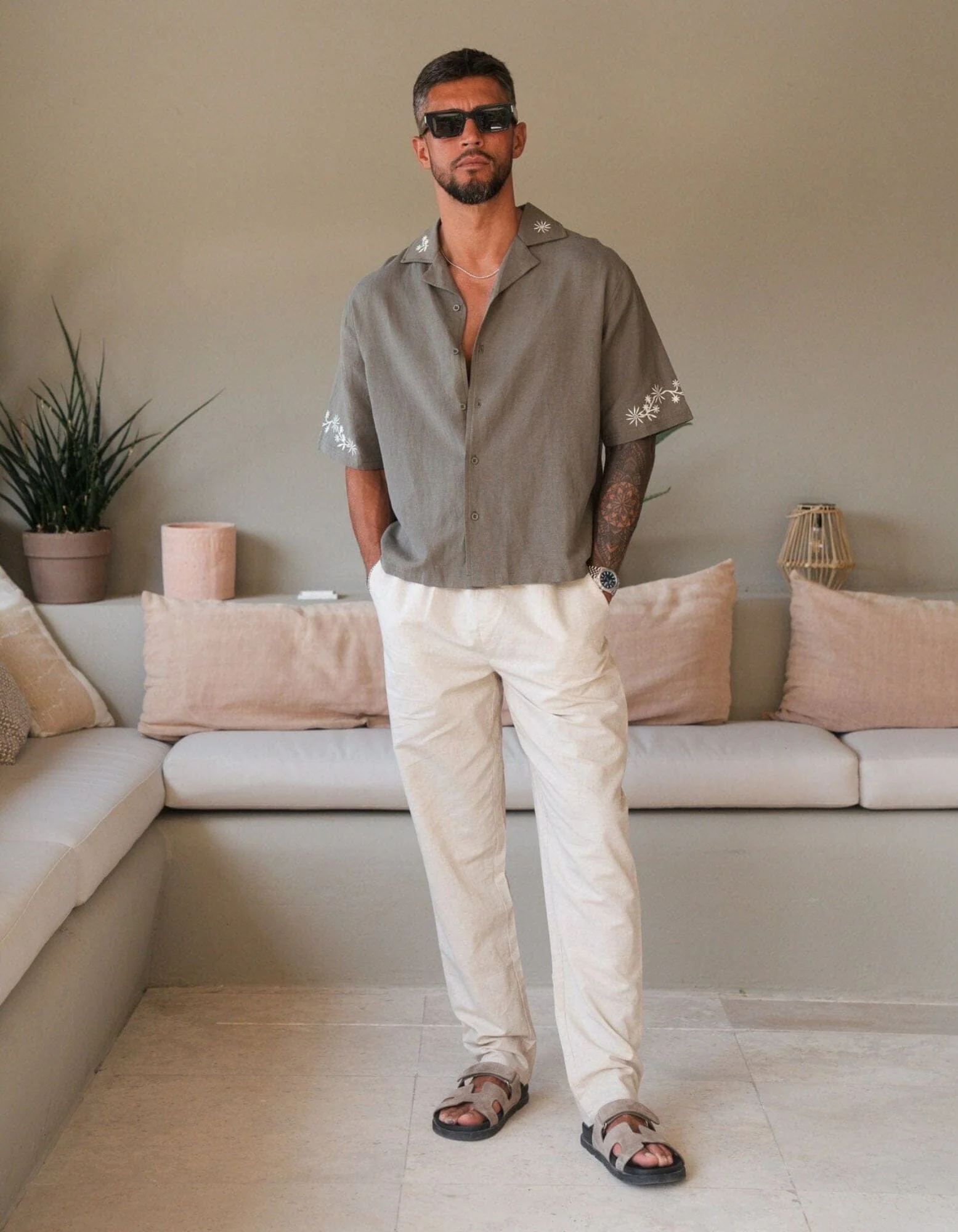 Khaki Embroidered Border Linen Shirt - Image 3