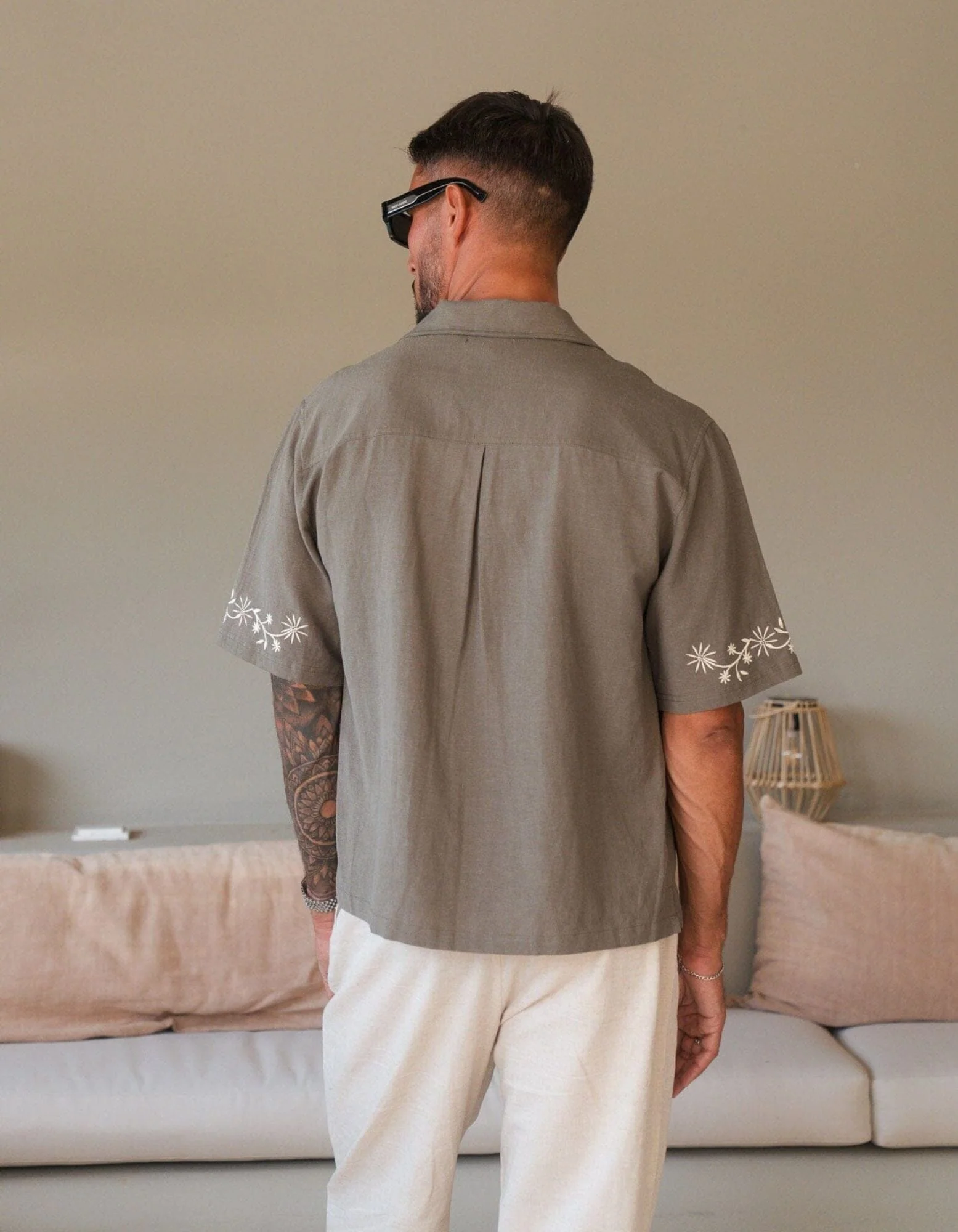Khaki Embroidered Border Linen Shirt - Image 4
