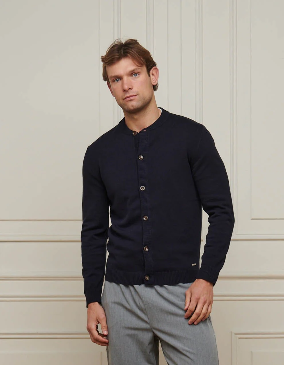 Navy Collarless Knit Cardigan