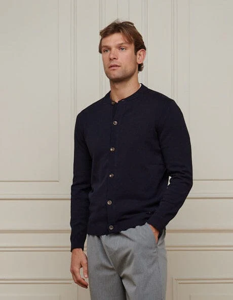 Navy Collarless Knit Cardigan - Image 3