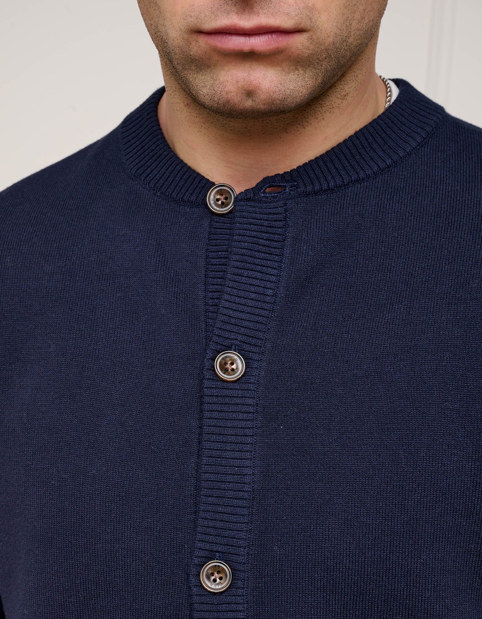 Navy Collarless Knit Cardigan - Image 4