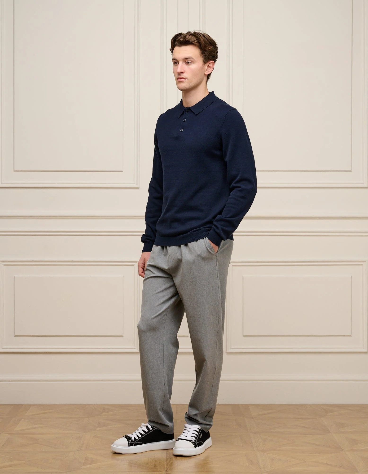 Navy Knit Button L/S Polo - Image 4