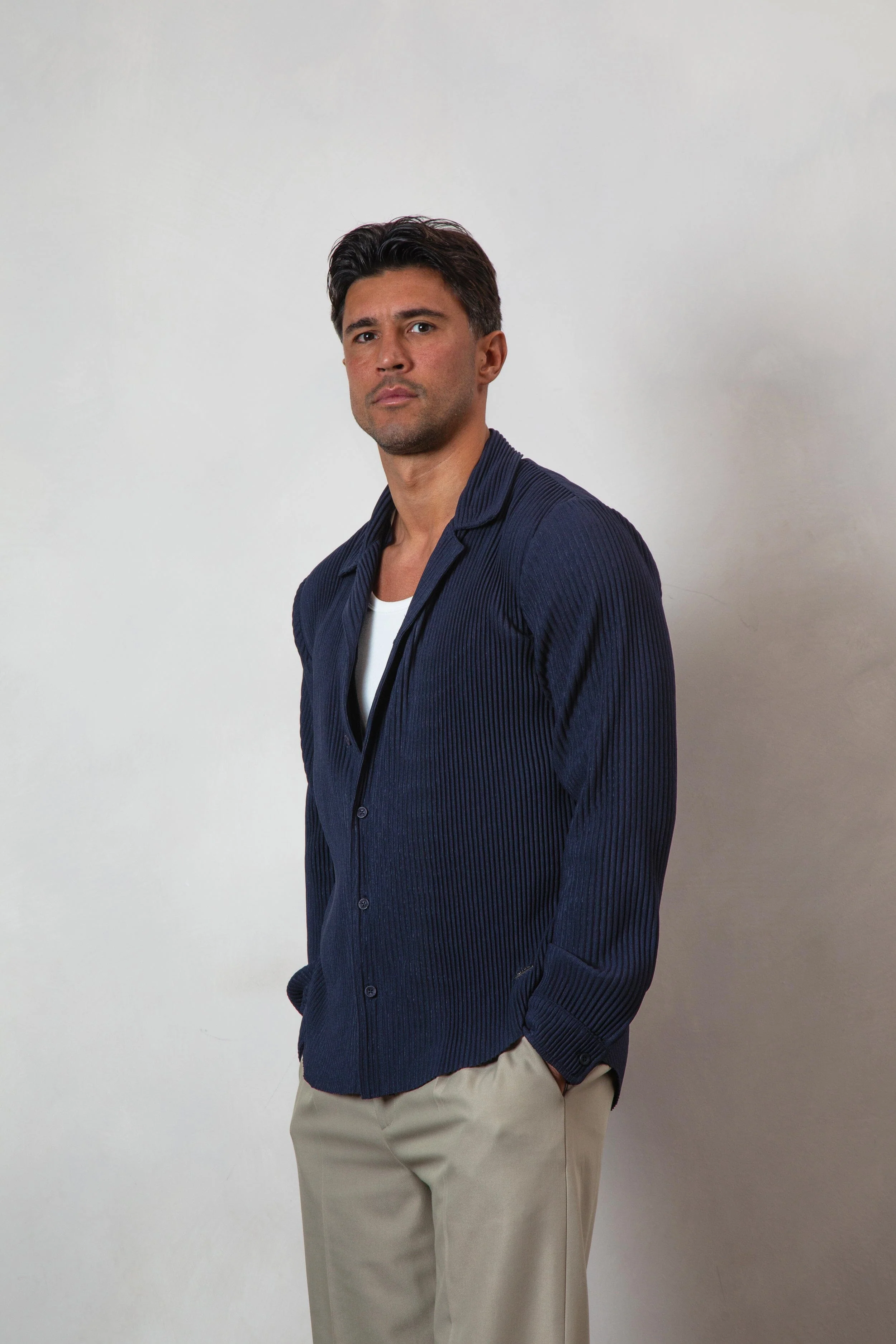 Navy Pleated L/S Shirt - Image 3