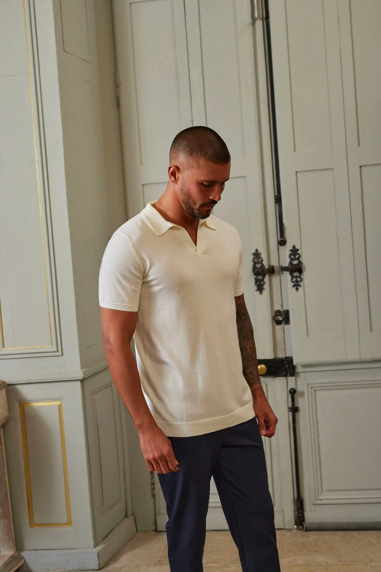 Off White Open Collar Knit Polo - Image 5