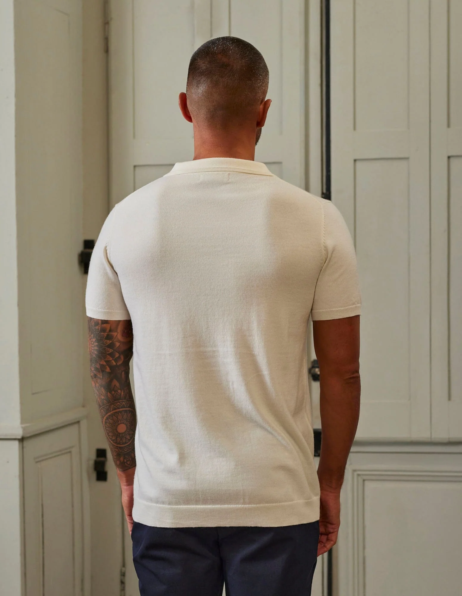 Off White Open Collar Knit Polo - Image 6
