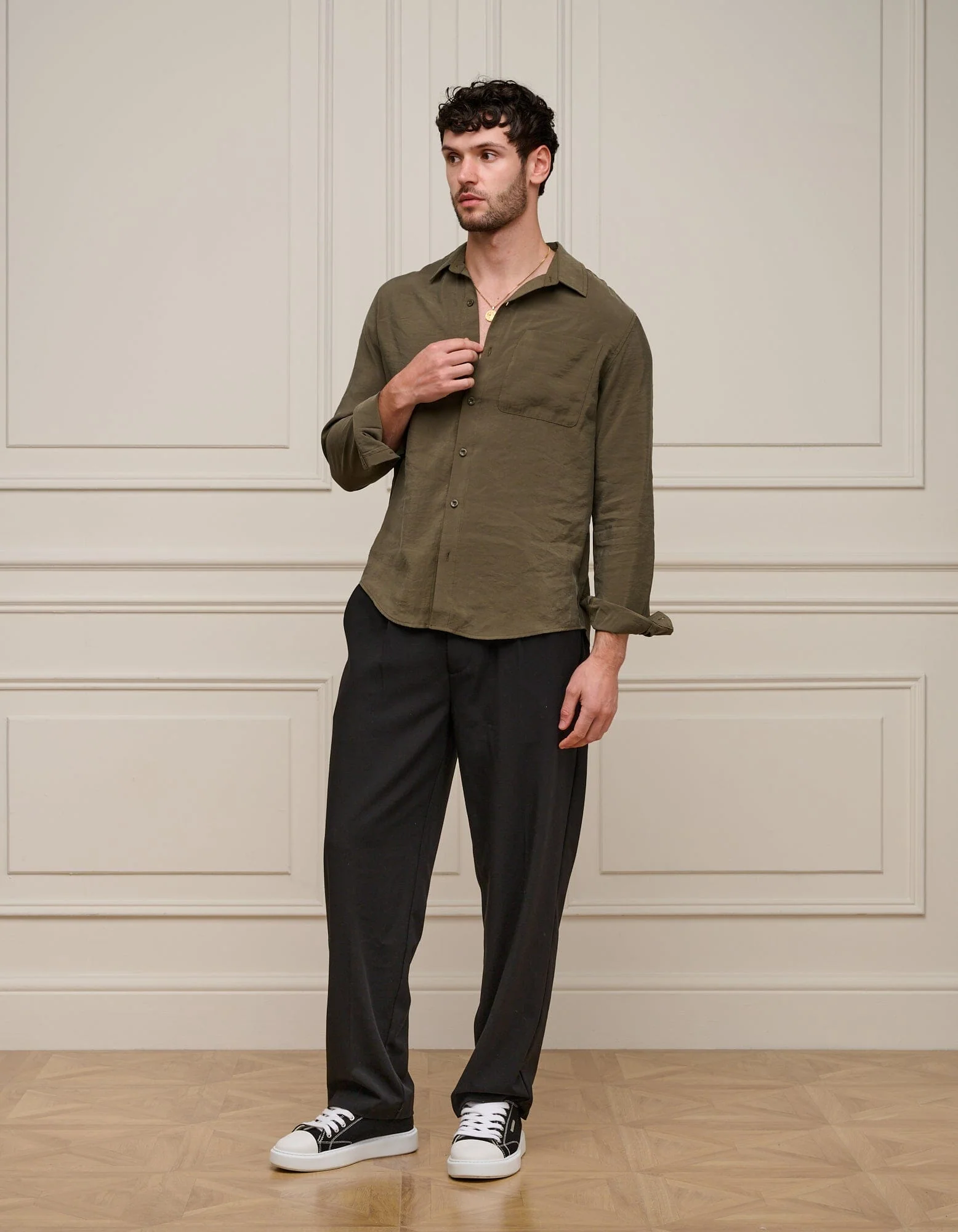 Olive Long Sleeve Pocket Modal Shirt - Image 3