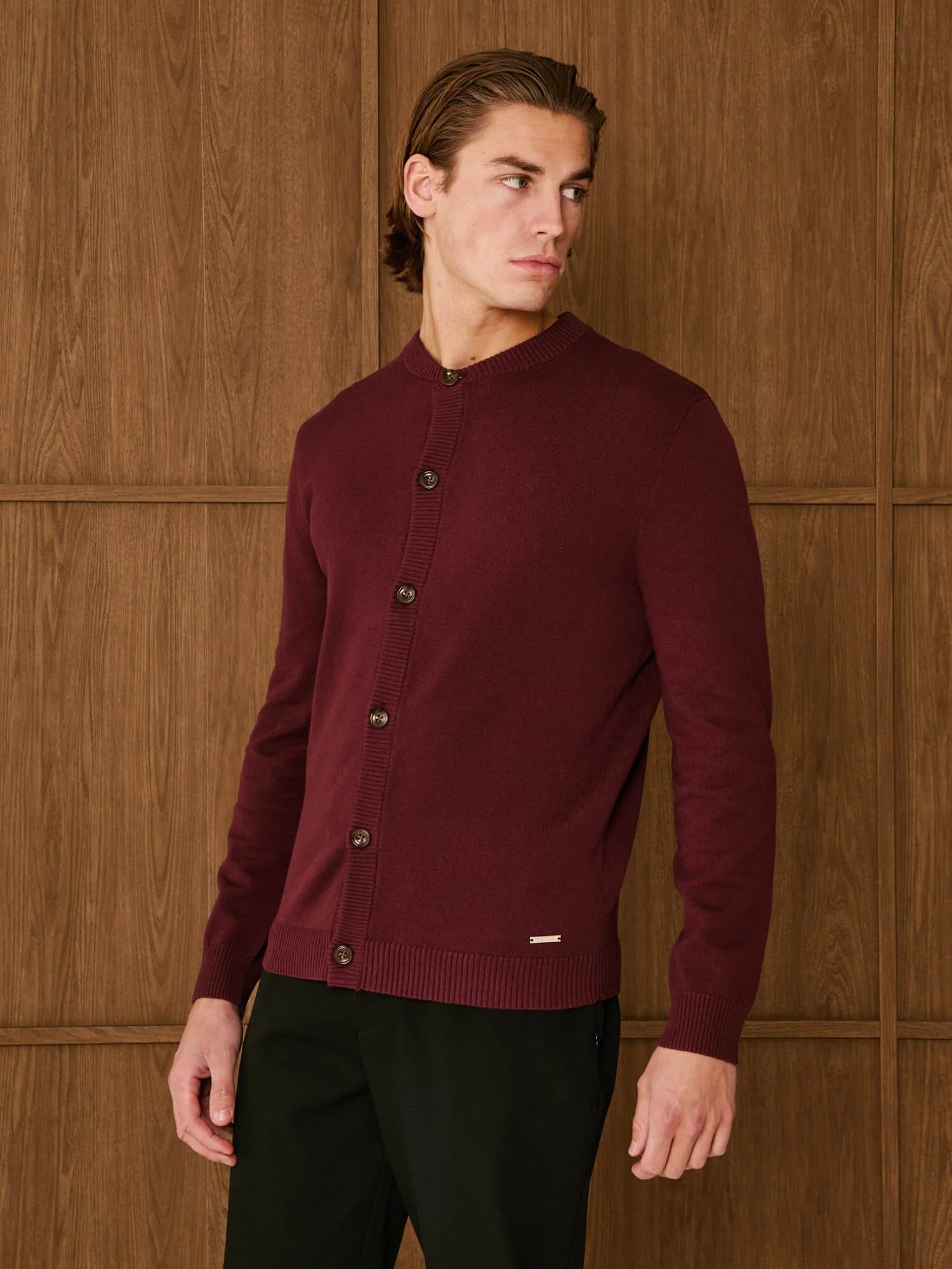 Oxblood Collarless Knit Cardigan - Image 2