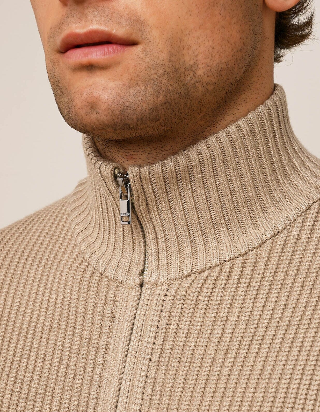 Taupe Chunky Rib Knit Zip Up Cardigan - Image 2