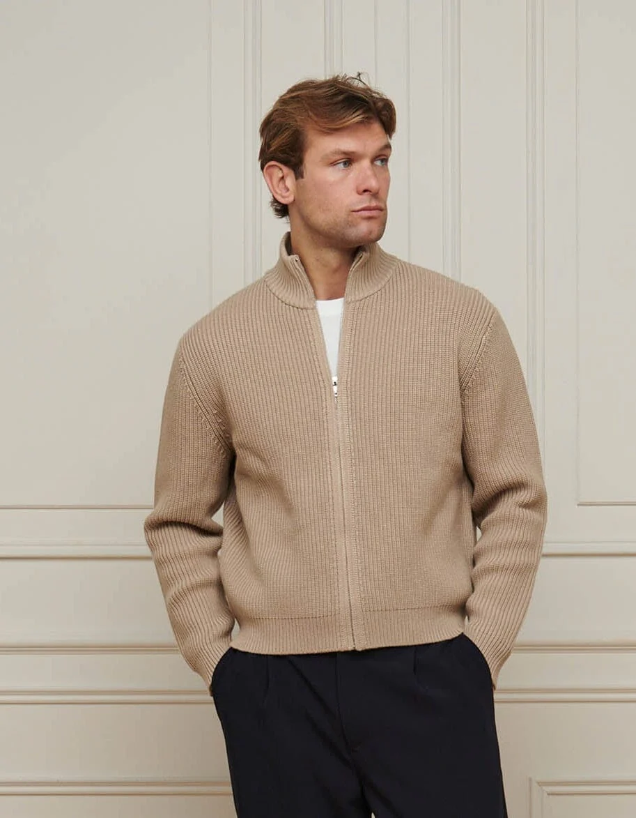Taupe Chunky Rib Knit Zip Up Cardigan - Image 3
