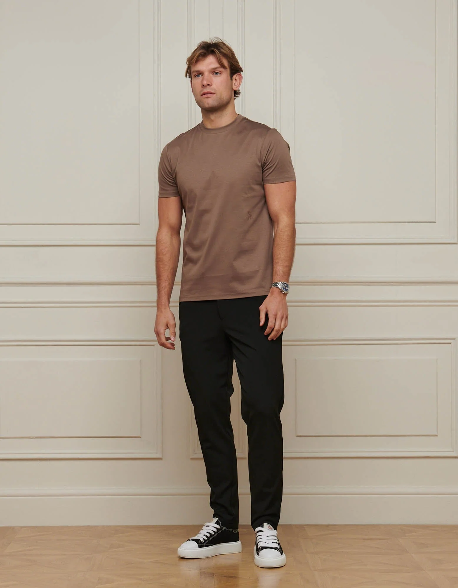 Taupe Crest Logo Embroidered Mercerised T-Shirt - Image 4