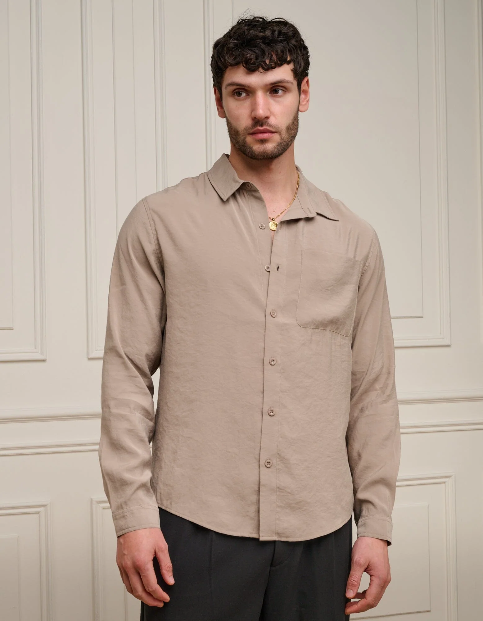Taupe Long Sleeve Pocket Modal Shirt