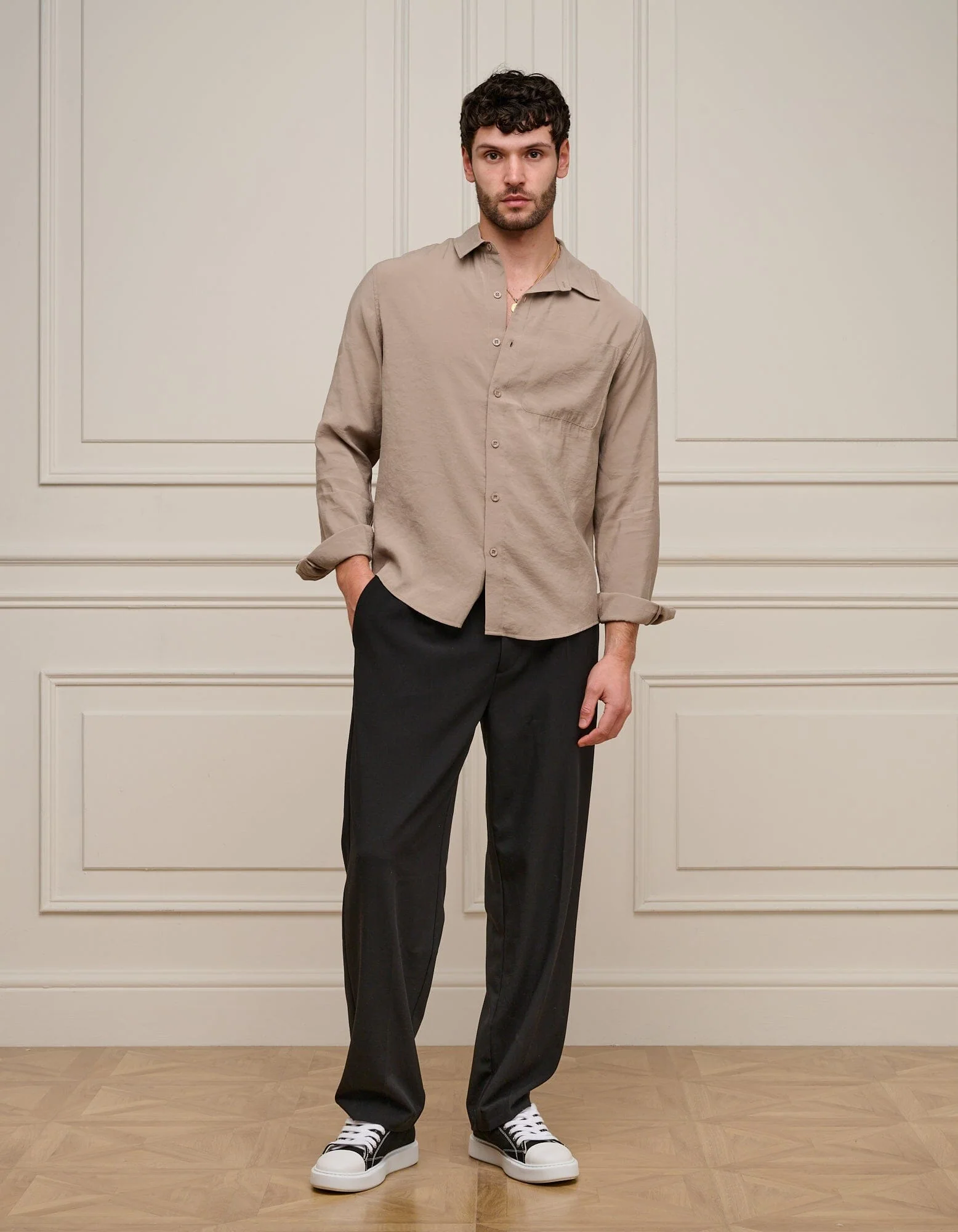Taupe Long Sleeve Pocket Modal Shirt - Image 2