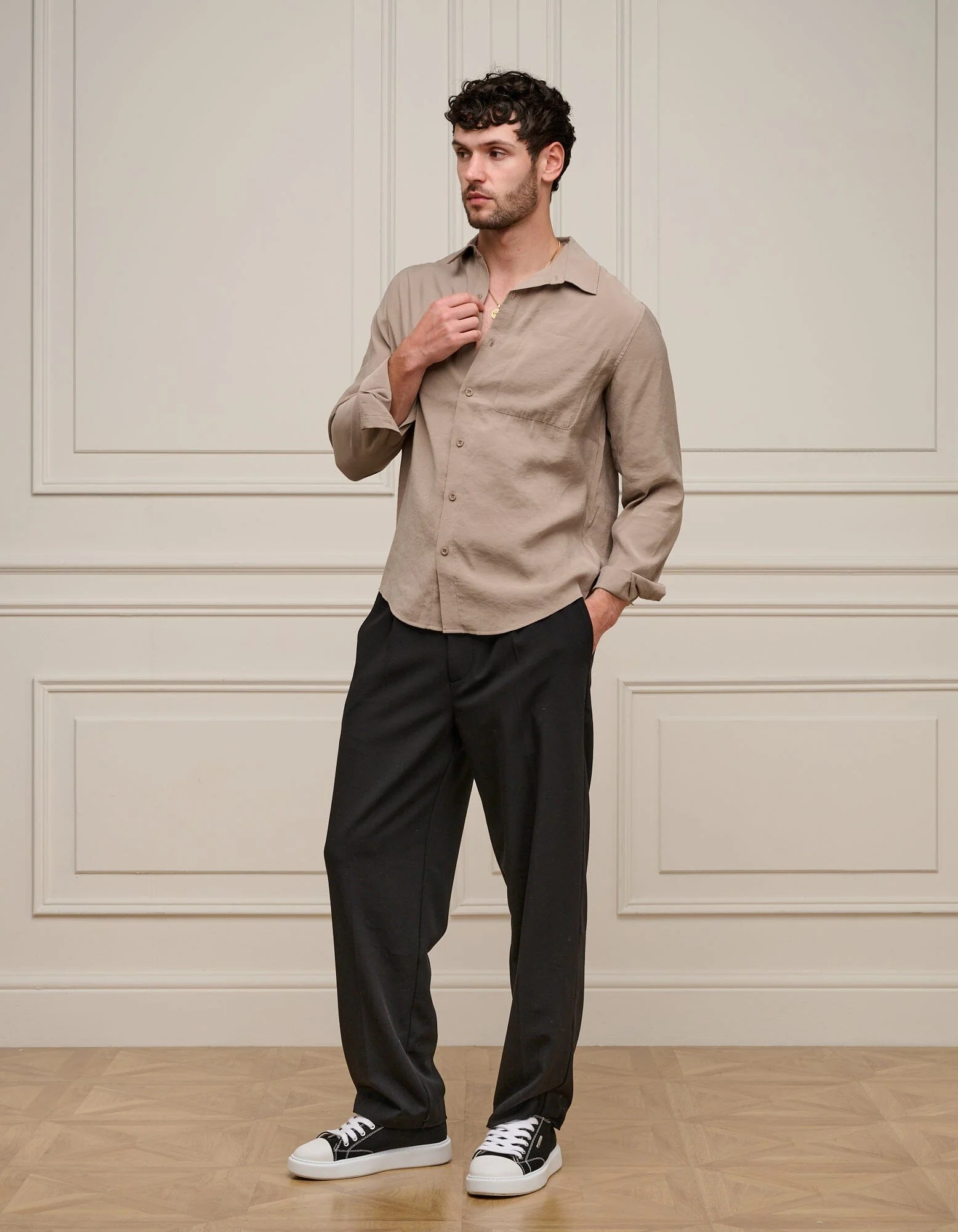 Taupe Long Sleeve Pocket Modal Shirt - Image 3