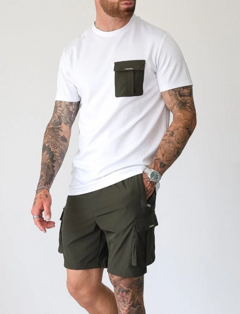 Woven Pocket T-Shirt White/Olive - Image 5